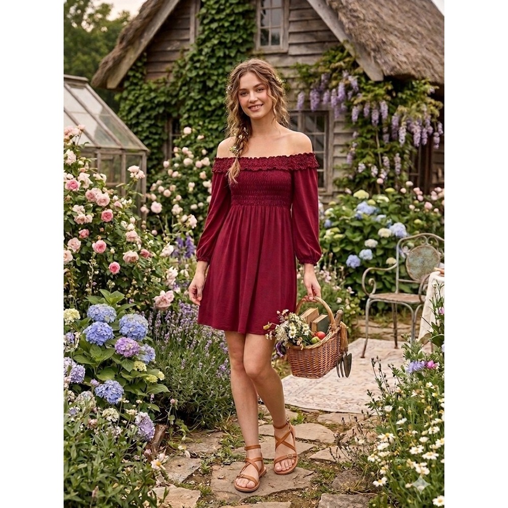 Max Studio Burgundy Smocked Off Shoulder Boho Chic Cottagecore Dress S Fairy